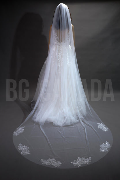 Beaded Leaf Lace Cathedral Veil - Bridal Ivory Tulle Veil