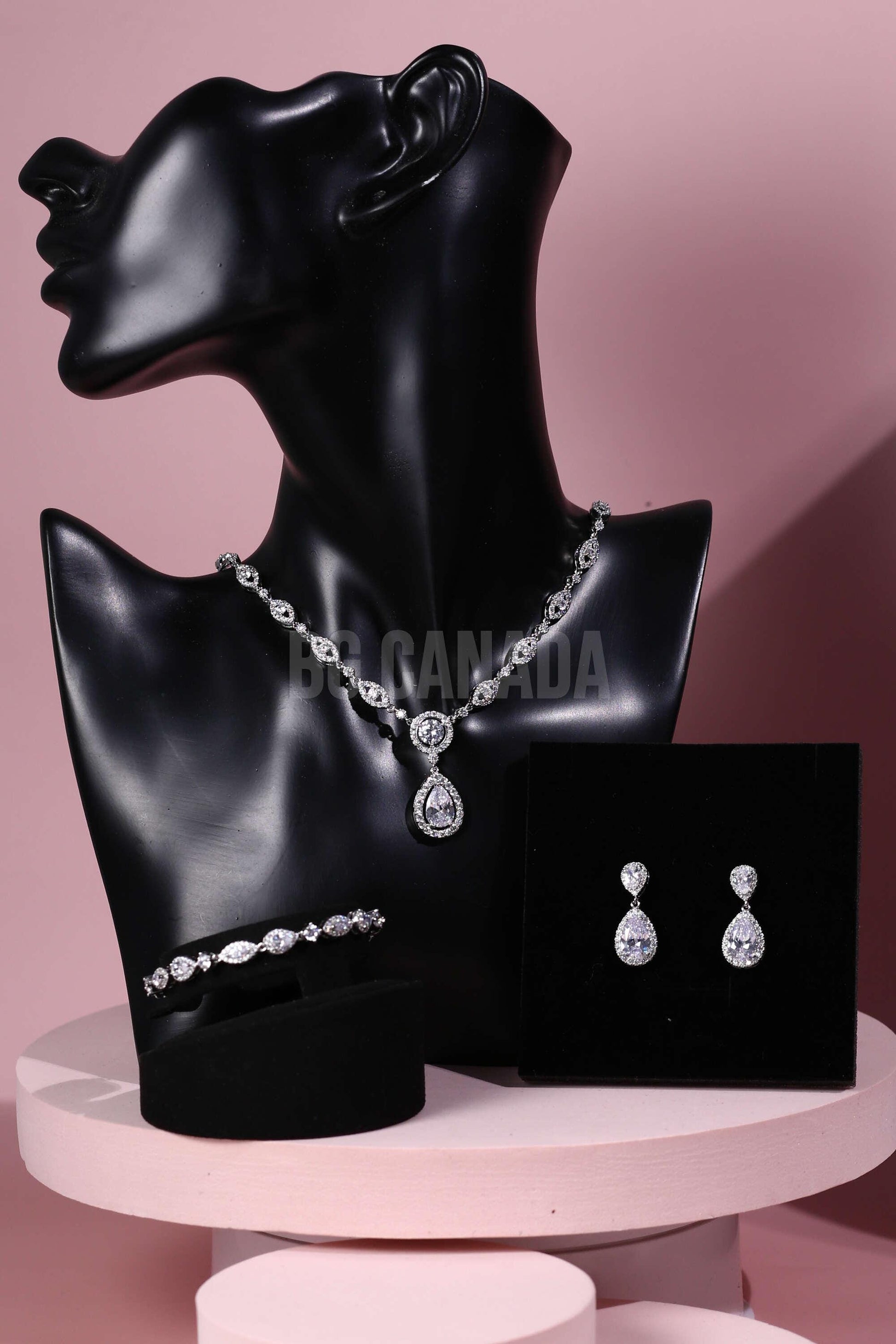 Teardrop Wedding Jewelry Set: Silver Cubic Zirconia Necklace, Earrings, Bracelet