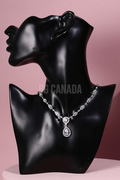 Teardrop Wedding Jewelry Set: Silver Cubic Zirconia Necklace, Earrings, Bracelet