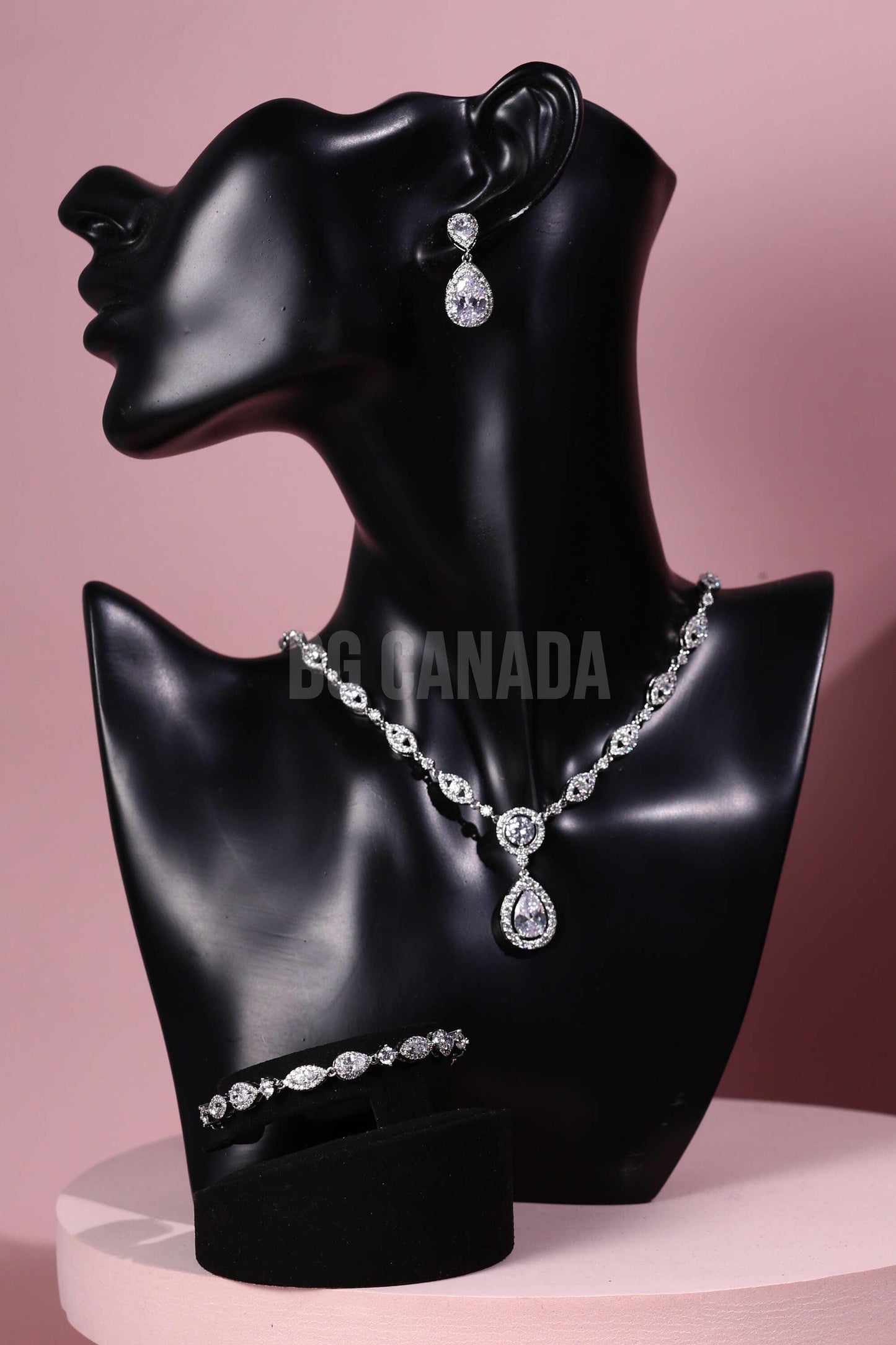 Teardrop Wedding Jewelry Set: Silver Cubic Zirconia Necklace, Earrings, Bracelet