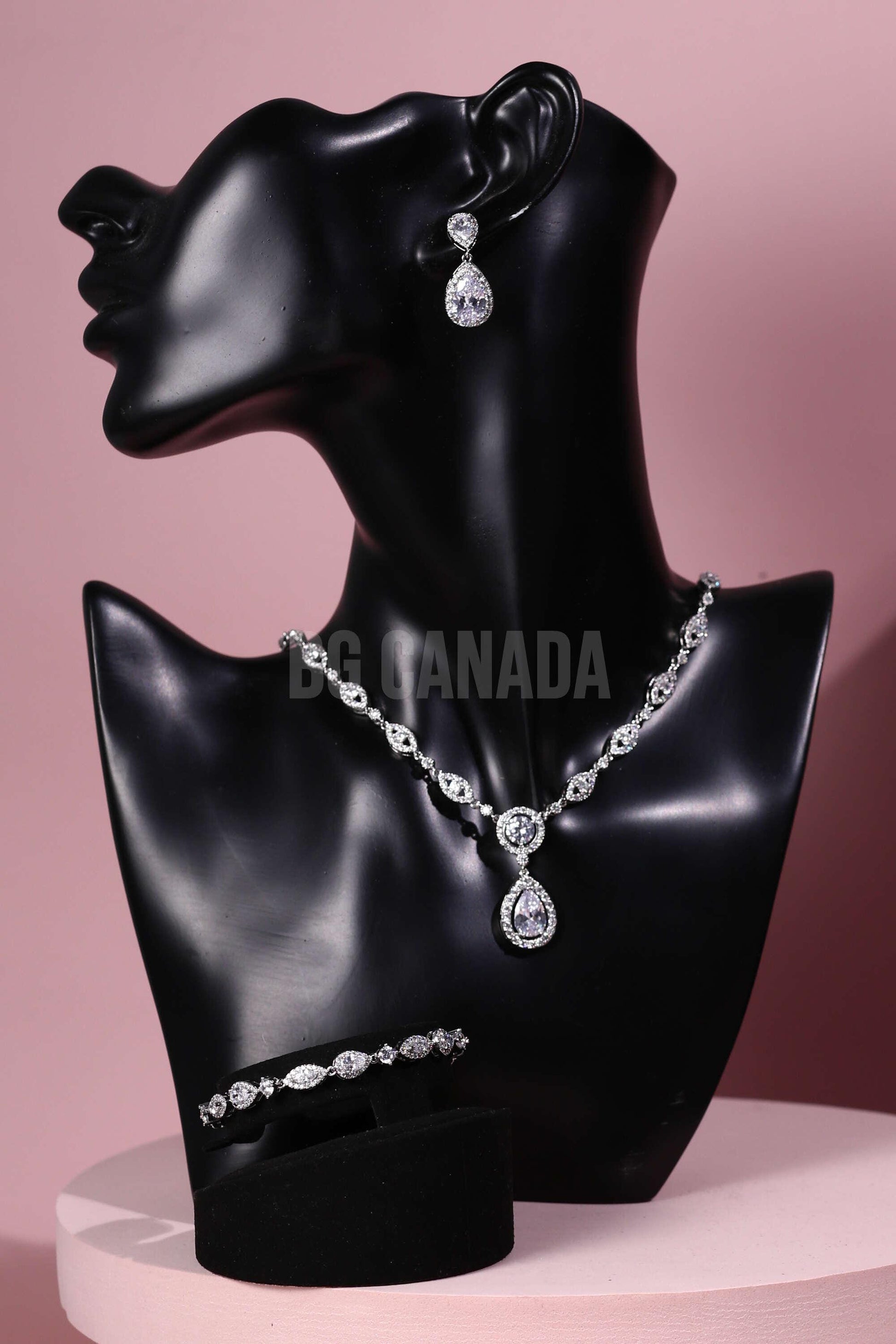 Teardrop Wedding Jewelry Set: Silver Cubic Zirconia Necklace, Earrings, Bracelet