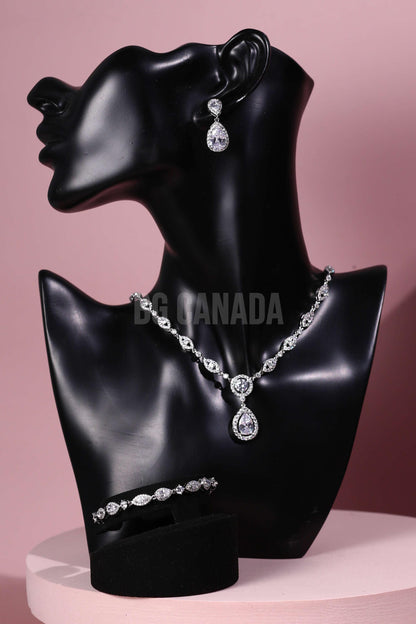 Teardrop Wedding Jewelry Set: Silver Cubic Zirconia Necklace, Earrings, Bracelet