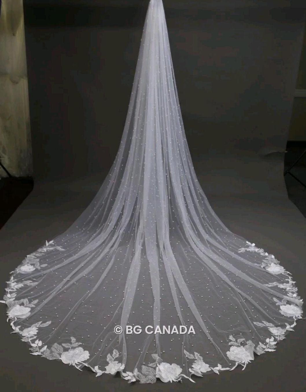 Floral Lace Cathedral Wedding Veil: Long Pearl Bridal Veil