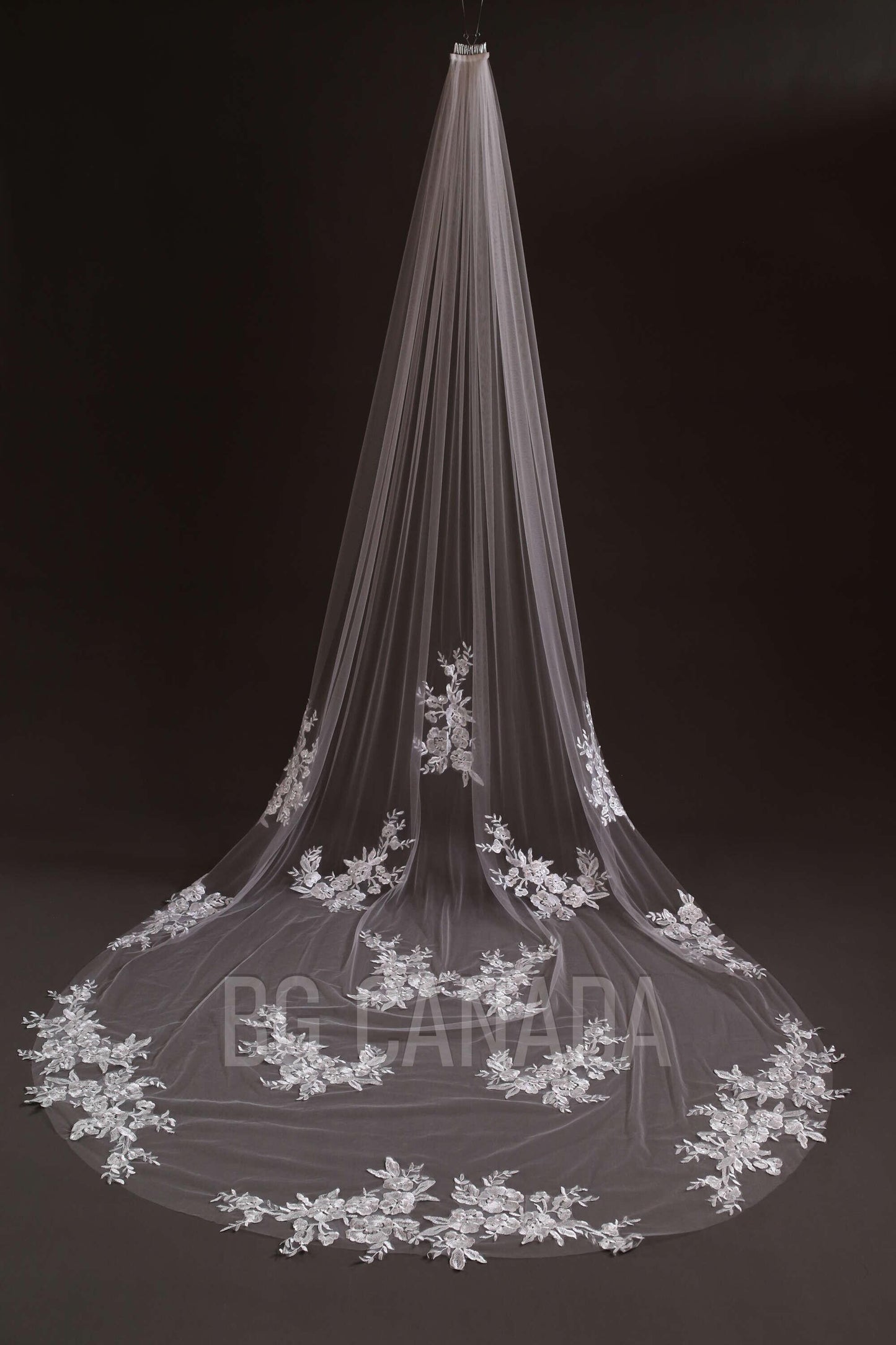 Chapel veil Scattered Floral Lace Cathedral length Veil illusion Bridal Tulle wedding veil with flower lace , White/Off White/Ivory