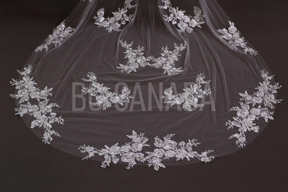 Chapel veil Scattered Floral Lace Cathedral length Veil illusion Bridal Tulle wedding veil with flower lace , White/Off White/Ivory