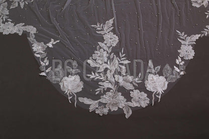Ivory Lace Wedding Veil: Pearl Scalloped Cathedral Veil