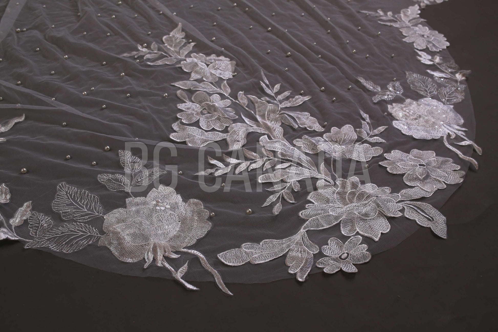 Ivory Lace Wedding Veil: Pearl Scalloped Cathedral Veil