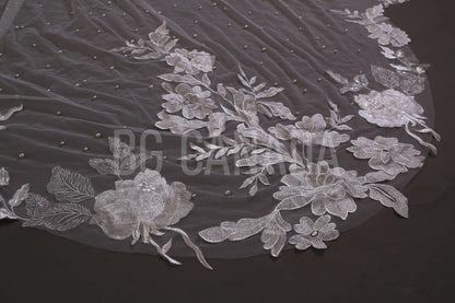 Ivory Lace Wedding Veil: Pearl Scalloped Cathedral Veil