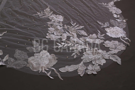 Ivory Lace Wedding Veil: Pearl Scalloped Cathedral Veil