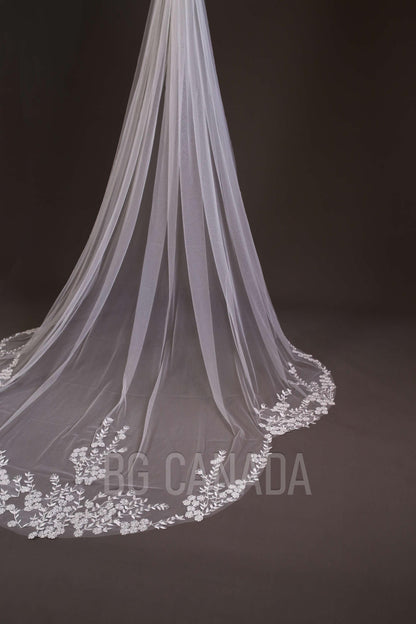 Floral Lace Cathedral Wedding Veil - Bridal Illusion Tulle