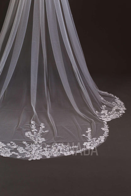 Floral Lace Cathedral Wedding Veil - Bridal Illusion Tulle