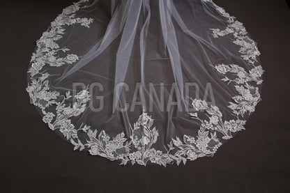 Flower Lace Wedding Veil: Cathedral Length, White or Ivory