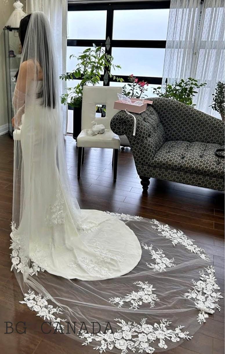 Chapel veil Scattered Floral Lace Cathedral length Veil illusion Bridal Tulle wedding veil with flower lace , White/Off White/Ivory
