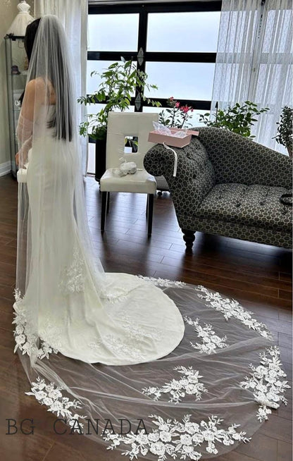 Chapel veil Scattered Floral Lace Cathedral length Veil illusion Bridal Tulle wedding veil with flower lace , White/Off White/Ivory