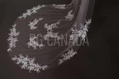 Chapel veil Scattered Floral Lace Cathedral length Veil illusion Bridal Tulle wedding veil with flower lace , White/Off White/Ivory