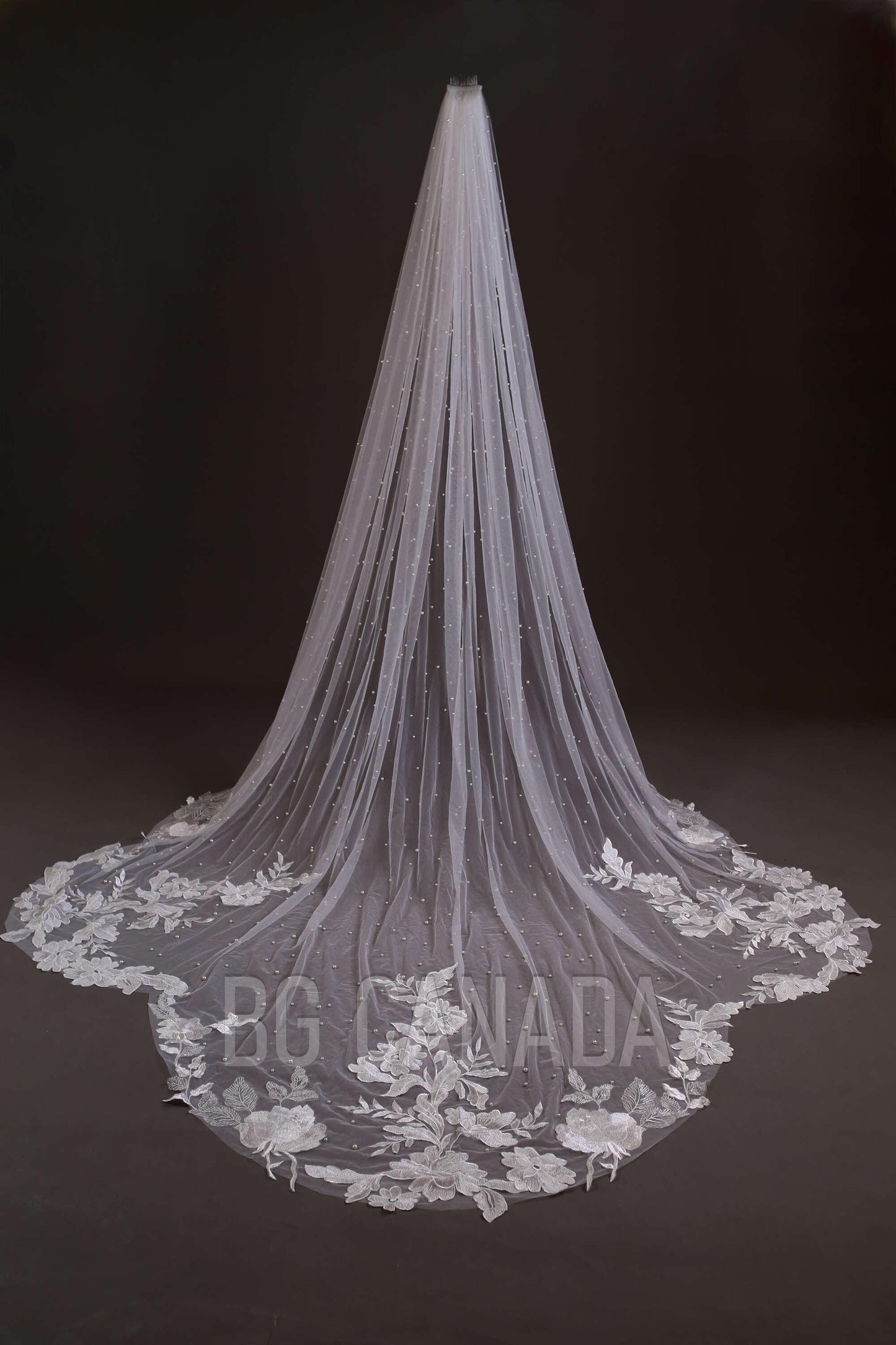 Ivory Lace Wedding Veil: Pearl Scalloped Cathedral Veil