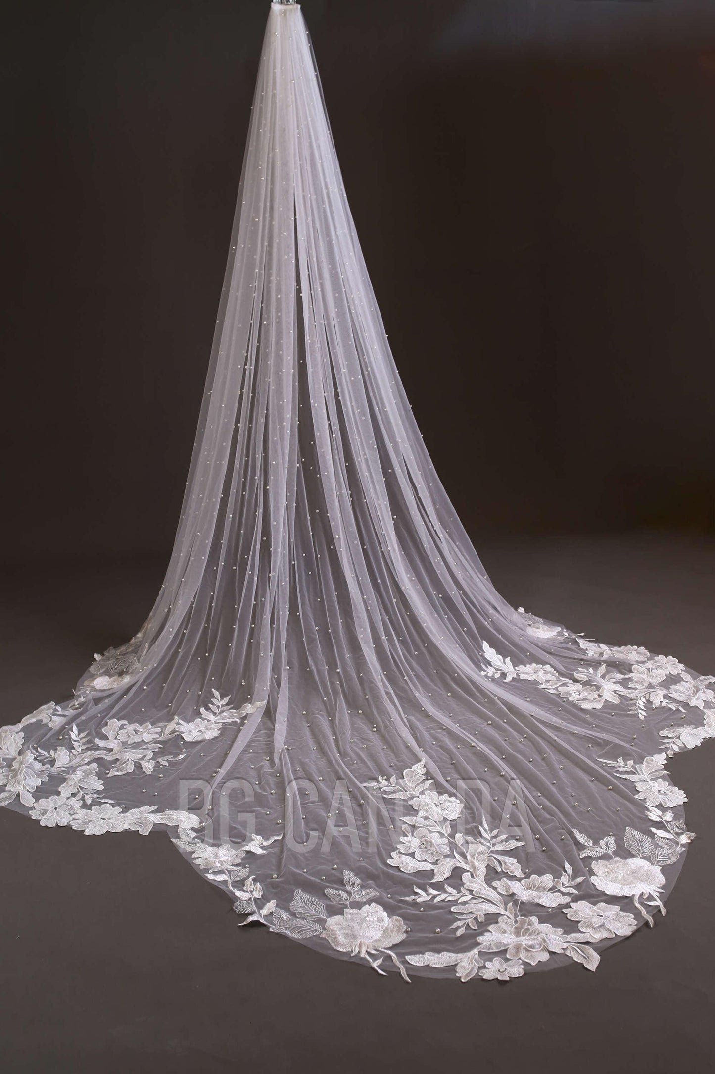 Ivory Lace Wedding Veil: Pearl Scalloped Cathedral Veil