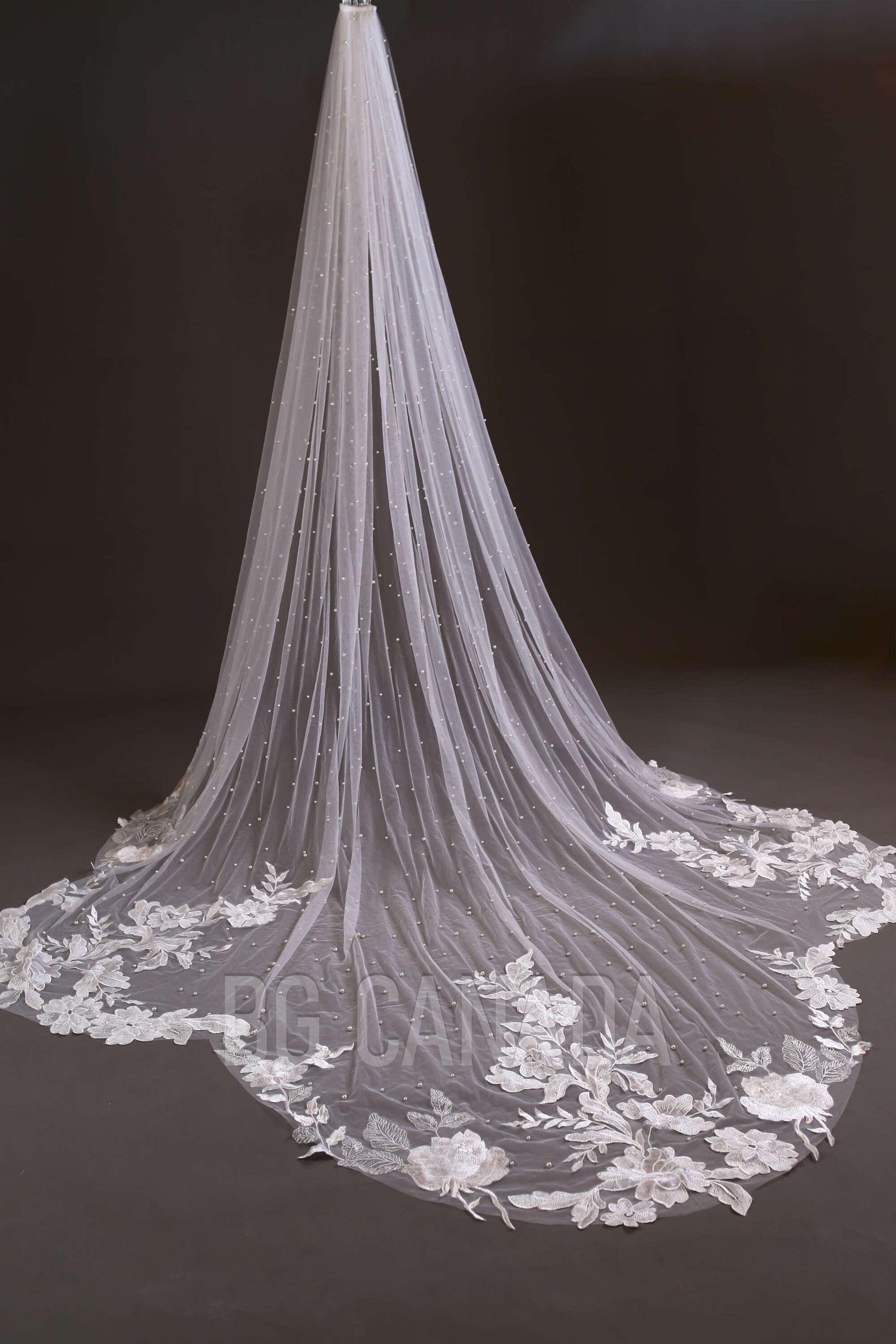 Ivory Lace Wedding Veil: Pearl Scalloped Cathedral Veil