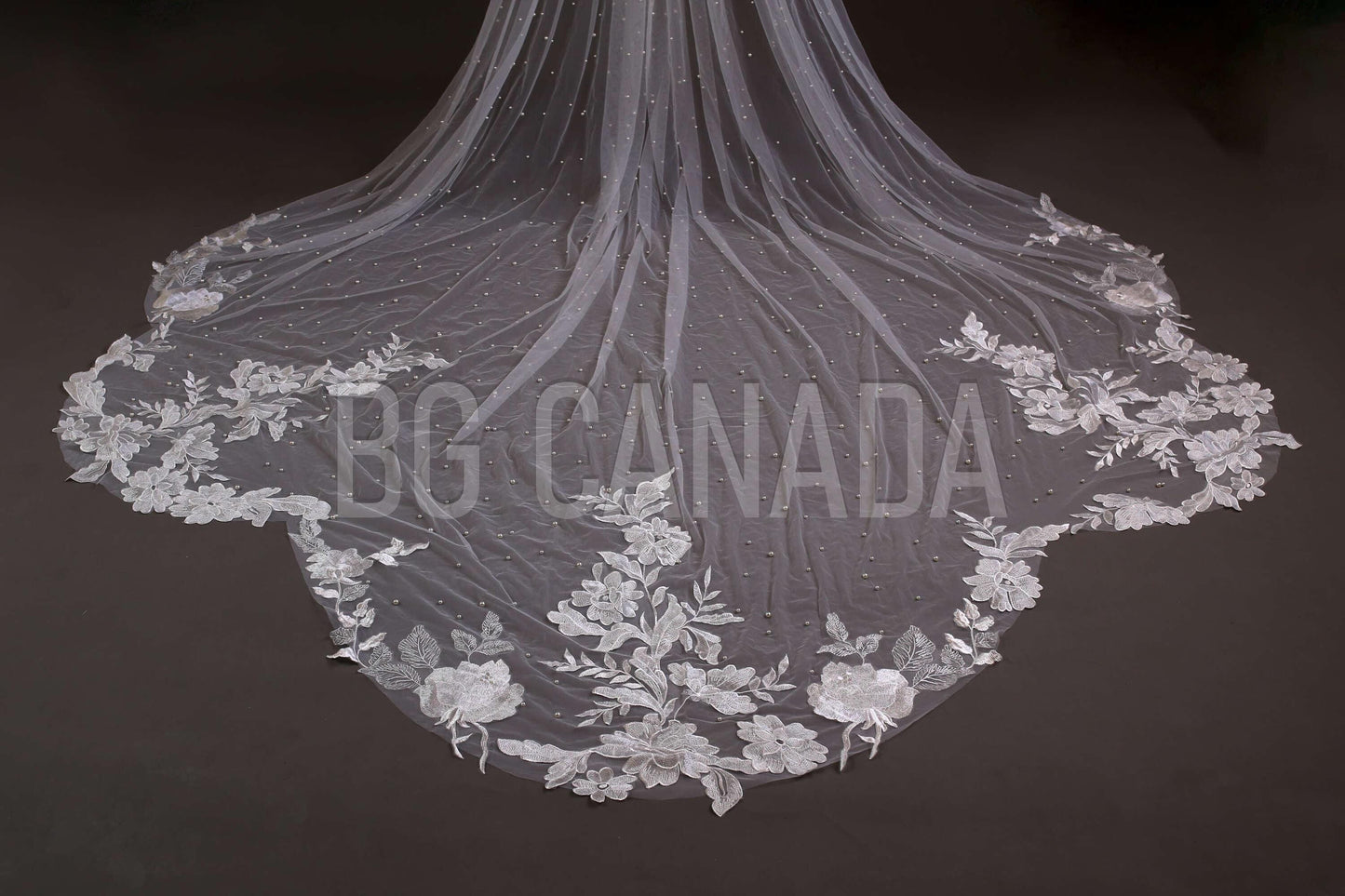 Ivory Lace Wedding Veil: Pearl Scalloped Cathedral Veil