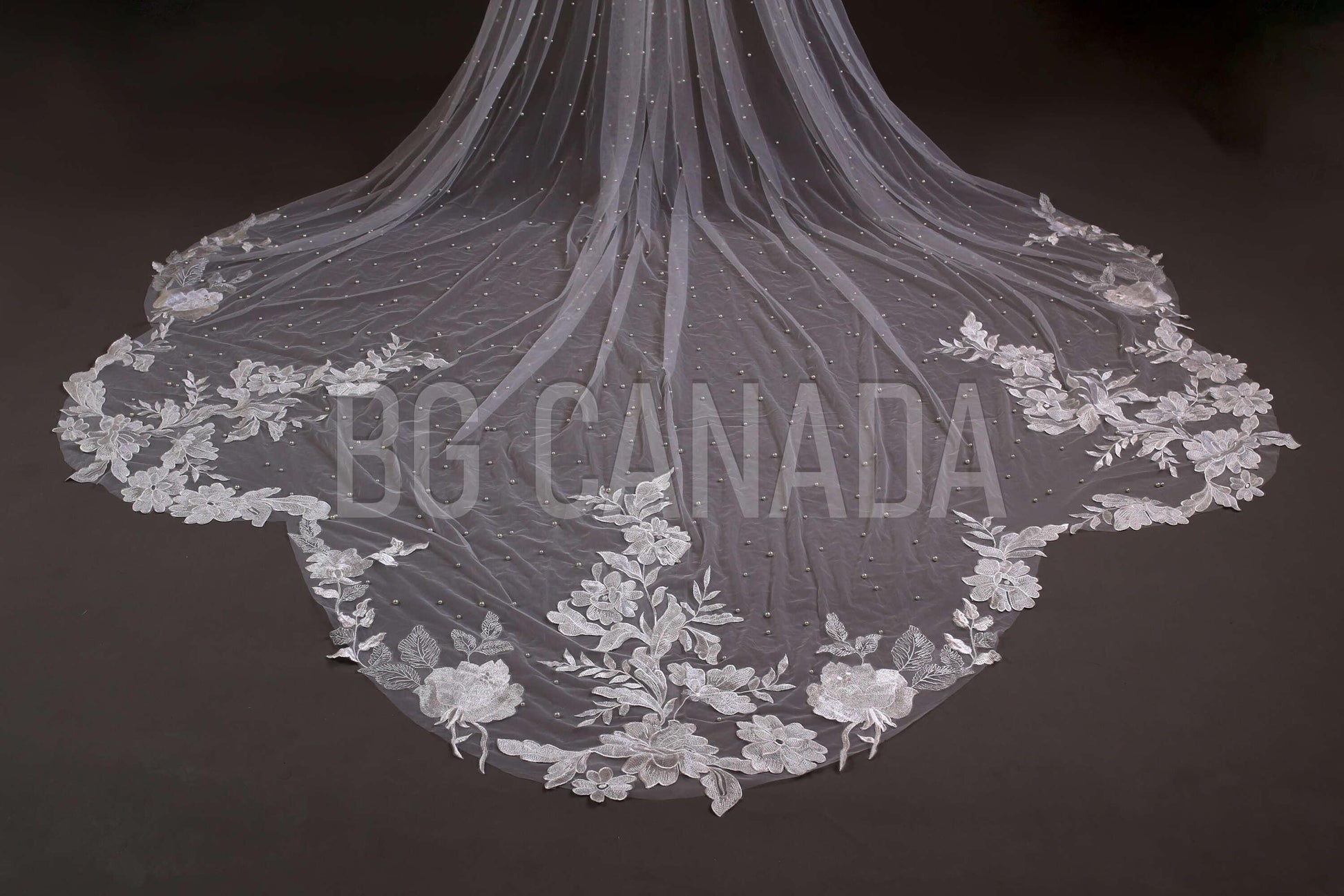 Ivory Lace Wedding Veil: Pearl Scalloped Cathedral Veil