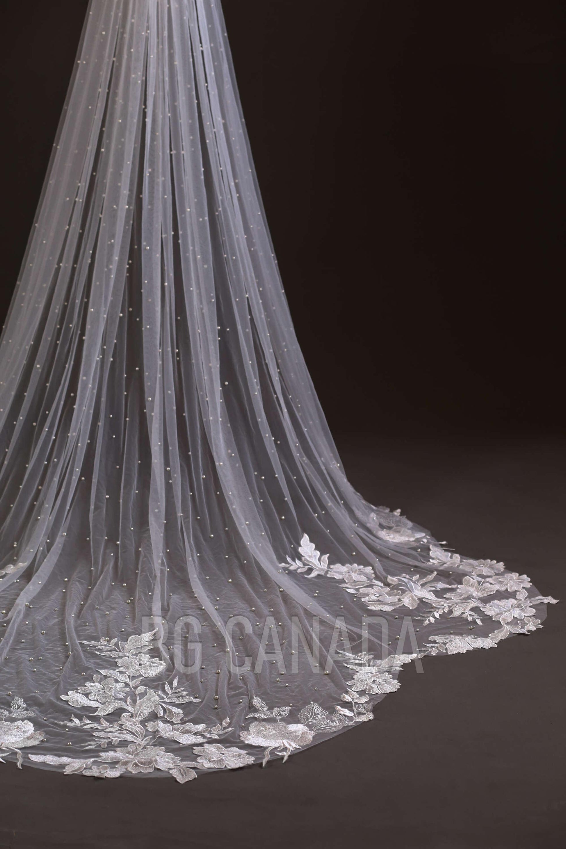 Ivory Lace Wedding Veil: Pearl Scalloped Cathedral Veil