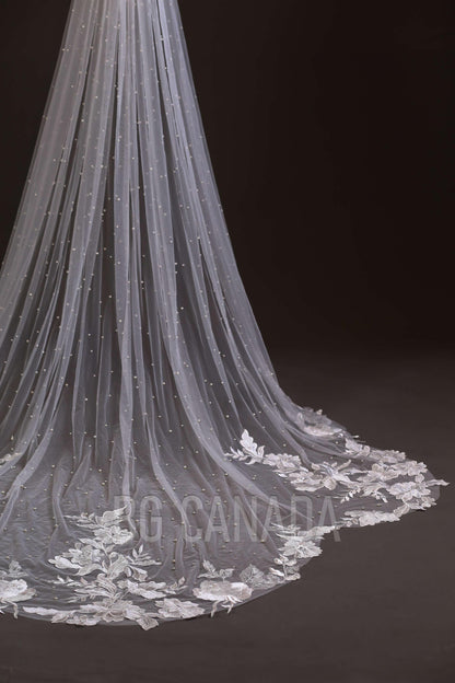 Ivory Lace Wedding Veil: Pearl Scalloped Cathedral Veil