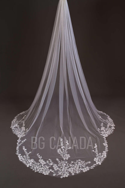 Floral Lace Cathedral Wedding Veil - Bridal Illusion Tulle