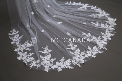 Cathedral Wedding Veil: Floral Lace Appliqué, Ivory Bridal Veil