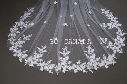 Cathedral Wedding Veil: Floral Lace Appliqué, Ivory Bridal Veil