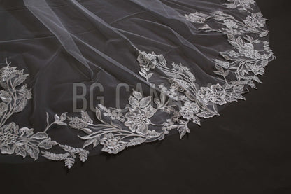 Flower Lace Wedding Veil: Cathedral Length, White or Ivory