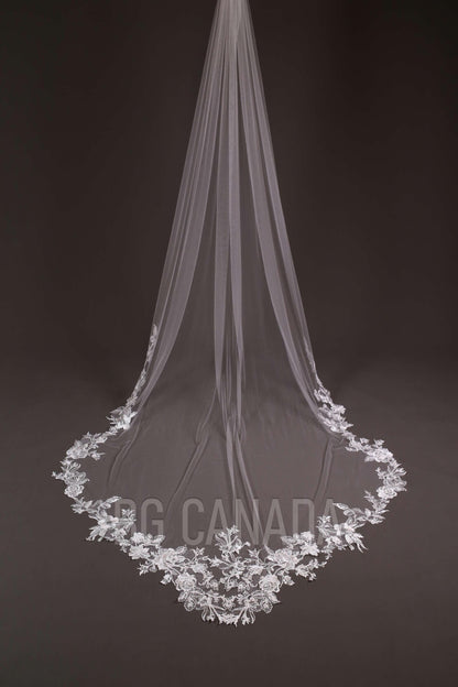 Special cut wedding veil unique statement veil Cathedral Length floral Lace Wedding Veil Floral Mermaid Tail Design