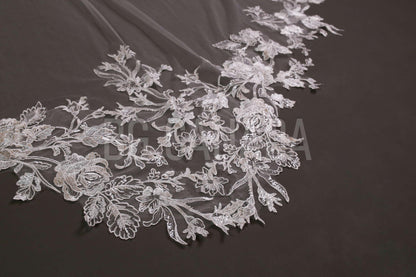 Special cut wedding veil unique statement veil Cathedral Length floral Lace Wedding Veil Floral Mermaid Tail Design