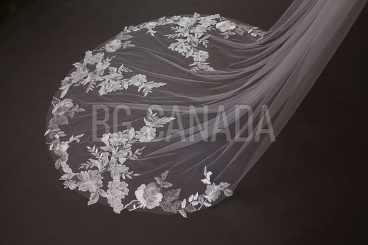 White veil wedding flower veil big floral veil lace border veil cathedral length veil custom made veil bridal illusion tulle veil
