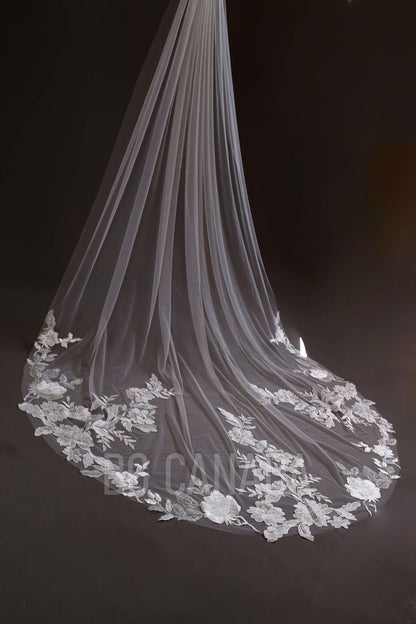 White veil wedding flower veil big floral veil lace border veil cathedral length veil custom made veil bridal illusion tulle veil