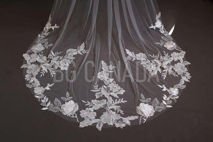 White veil wedding flower veil big floral veil lace border veil cathedral length veil custom made veil bridal illusion tulle veil