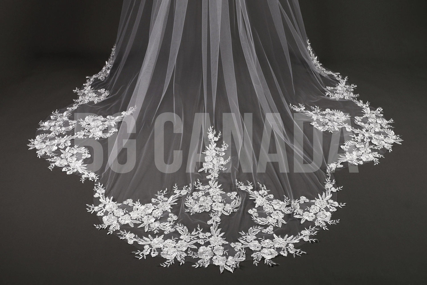Floral Lace Edge scalloped veil special cut veil extra wide veil mermaid tail cut veil ivory veil with florals