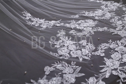 Pearl veil scalloped pearl veil pearl wedding veil with pearls long floral lace veil cathedral veil Bridal Veil white veil