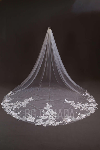 White veil wedding flower veil big floral veil lace border veil cathedral length veil custom made veil bridal illusion tulle veil