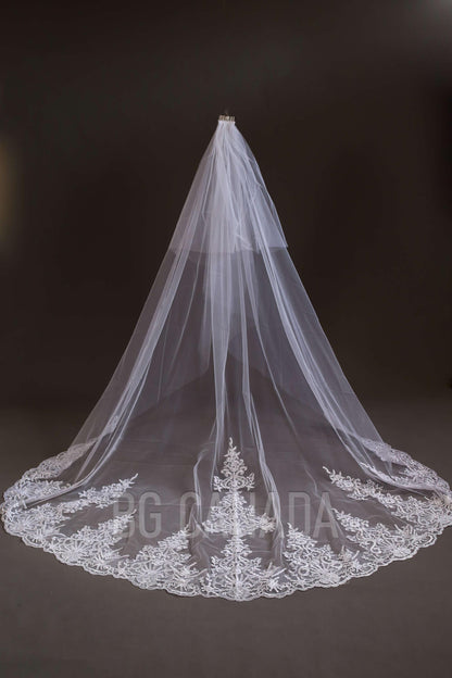 Lace Trim Cathedral Wedding Veil - Double Tier Bridal Veil