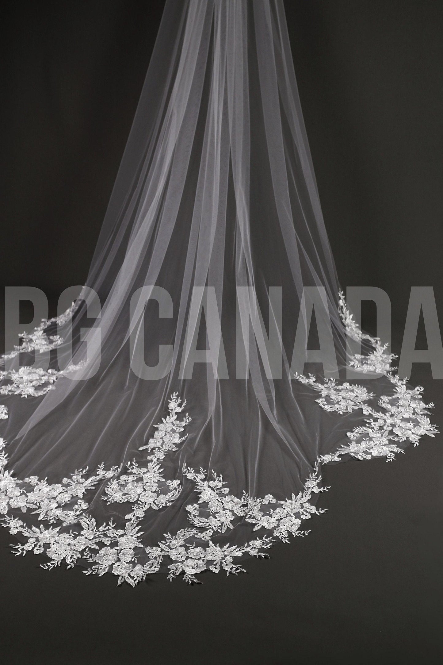 Floral Lace Edge scalloped veil special cut veil extra wide veil mermaid tail cut veil ivory veil with florals