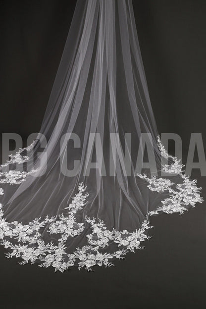 Floral Lace Edge scalloped veil special cut veil extra wide veil mermaid tail cut veil ivory veil with florals