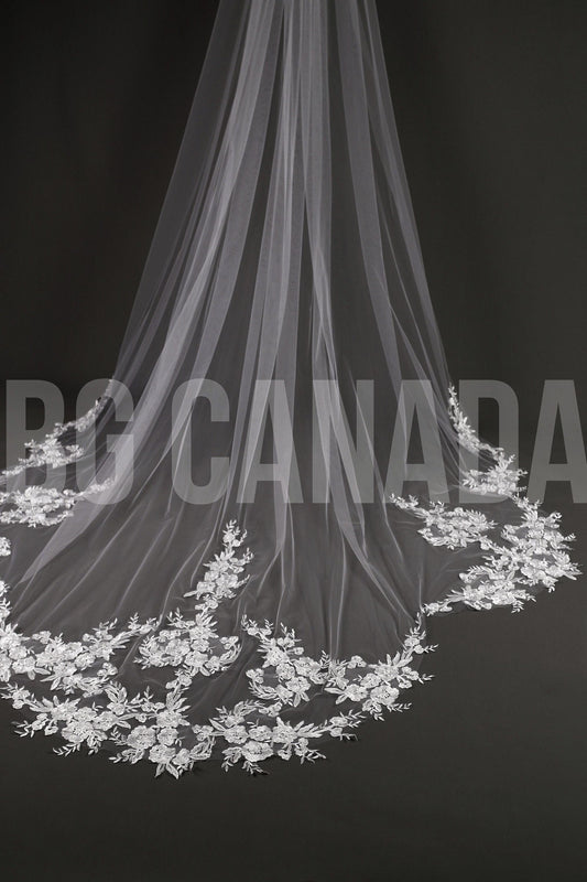 Floral Lace Edge scalloped veil special cut veil extra wide veil mermaid tail cut veil ivory veil with florals