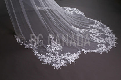 Pearl veil scalloped pearl veil pearl wedding veil with pearls long floral lace veil cathedral veil Bridal Veil white veil