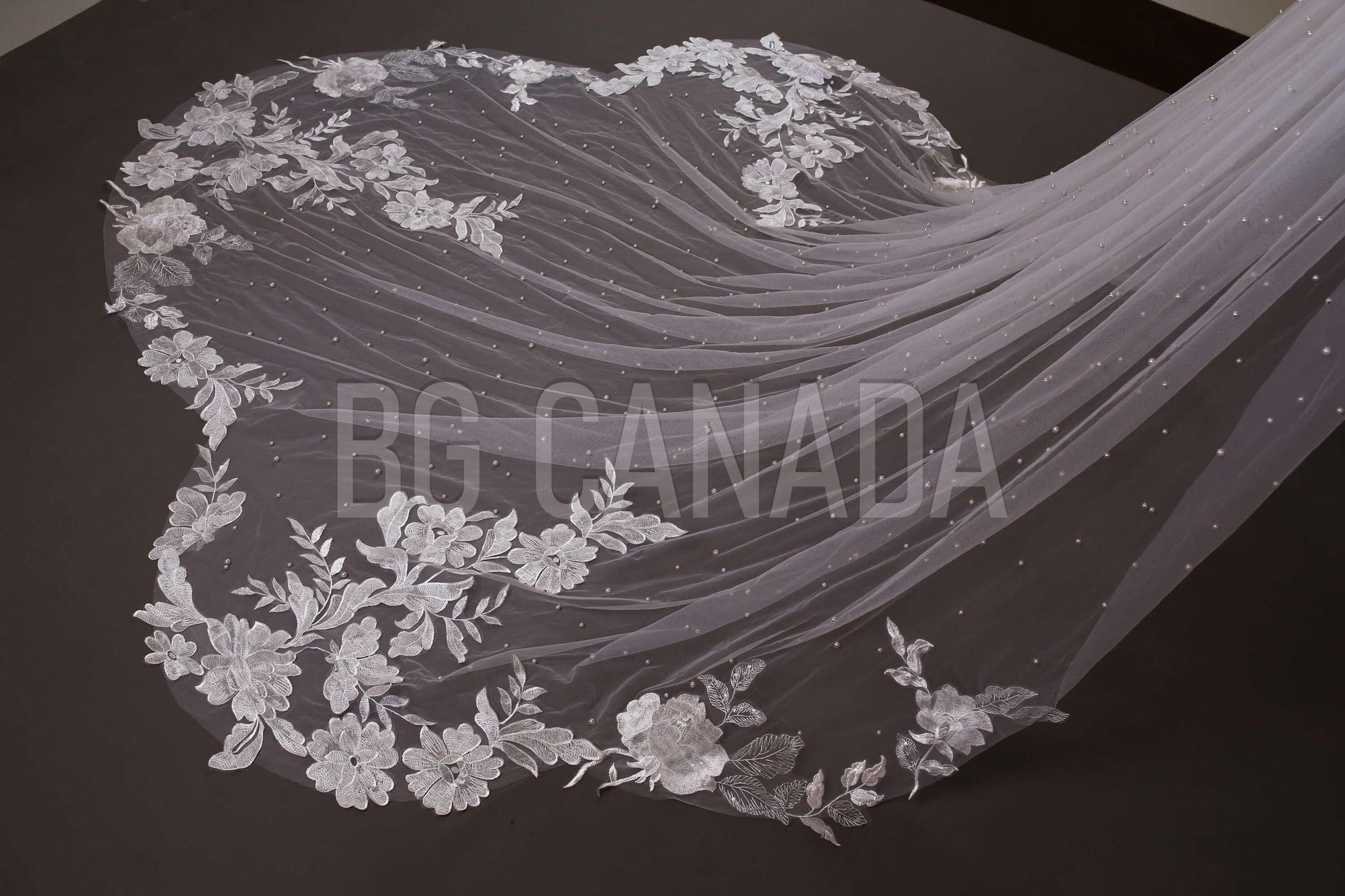 Ivory Lace Wedding Veil: Pearl Scalloped Cathedral Veil