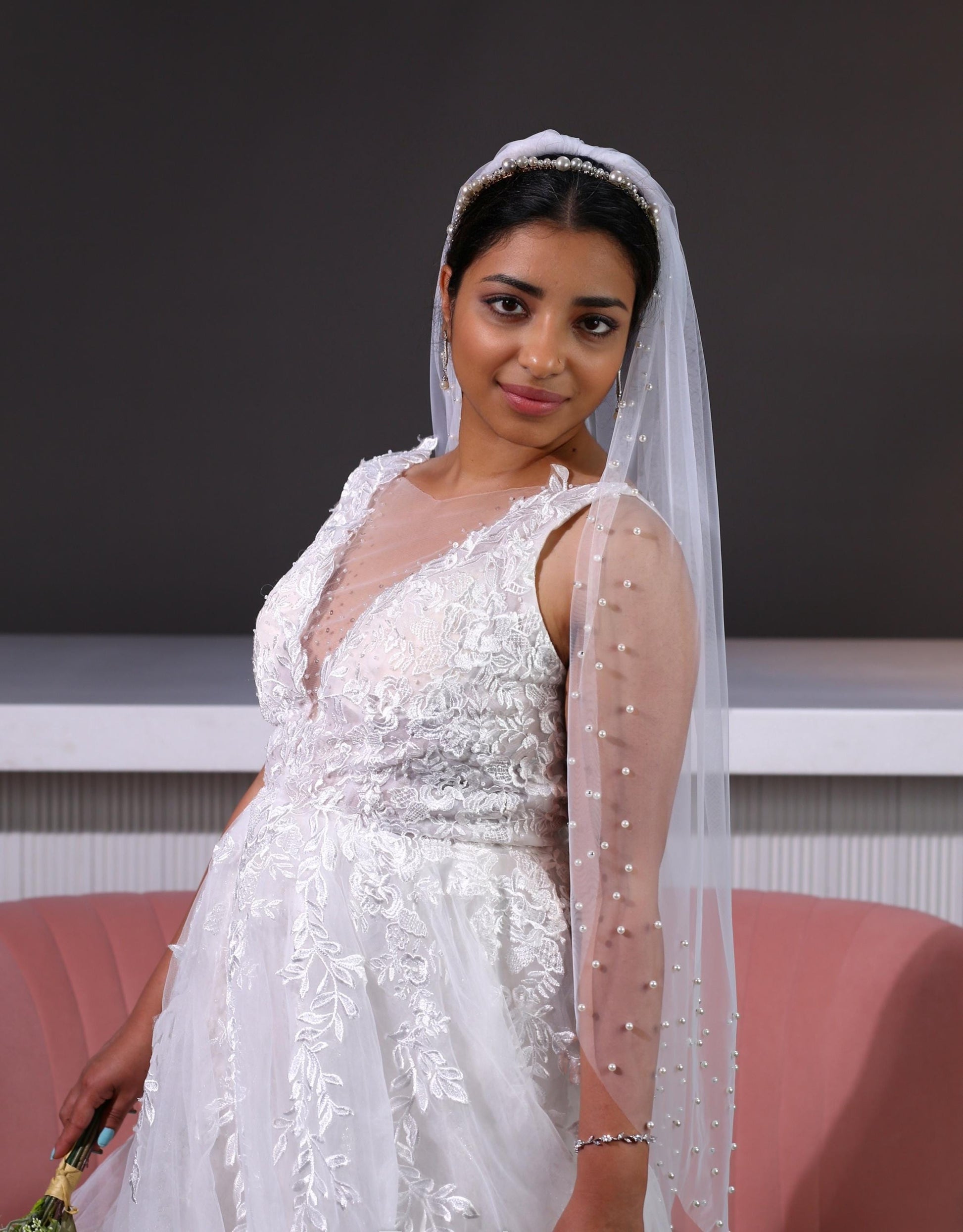 Pearl edged veil scattered pearl wedding veil 1 Tier Pearl Edge Veil Bridal Veil White Ivory Off White Minimalist Tulle Veil