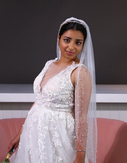 Pearl edged veil scattered pearl wedding veil 1 Tier Pearl Edge Veil Bridal Veil White Ivory Off White Minimalist Tulle Veil