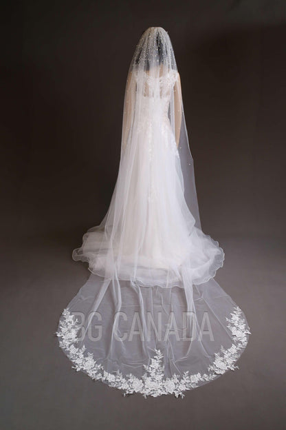 White Wedding Veil pearl veil cluster pearl veil lace cathedral veil beaded floral lace veil bridal illusion tulle ivory veil