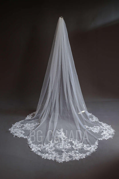 Pearl veil scalloped pearl veil pearl wedding veil with pearls long floral lace veil cathedral veil Bridal Veil white veil