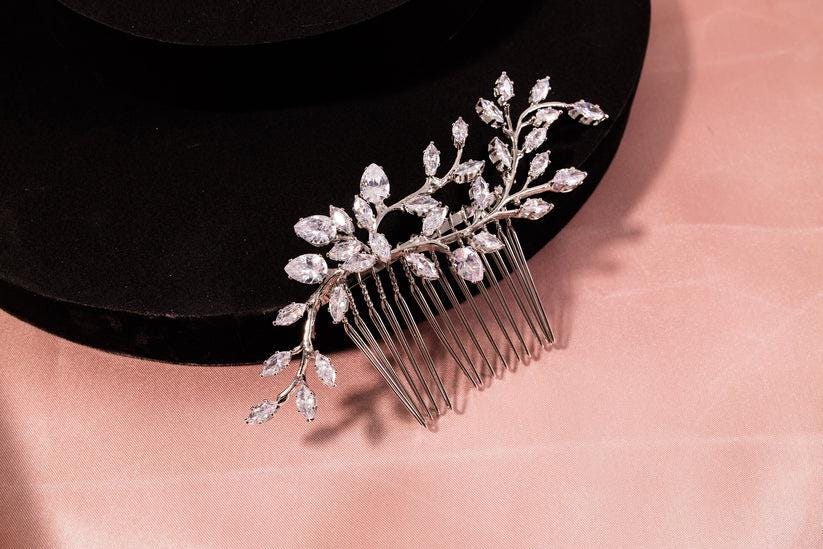 Zirconia wedding hair piece silver hair comb bridal hair piece wedding accessories cz leaves hair comb silver wedding accessory bridal comb