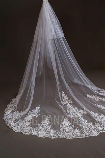 Lace Trim Cathedral Wedding Veil - Double Tier Bridal Veil